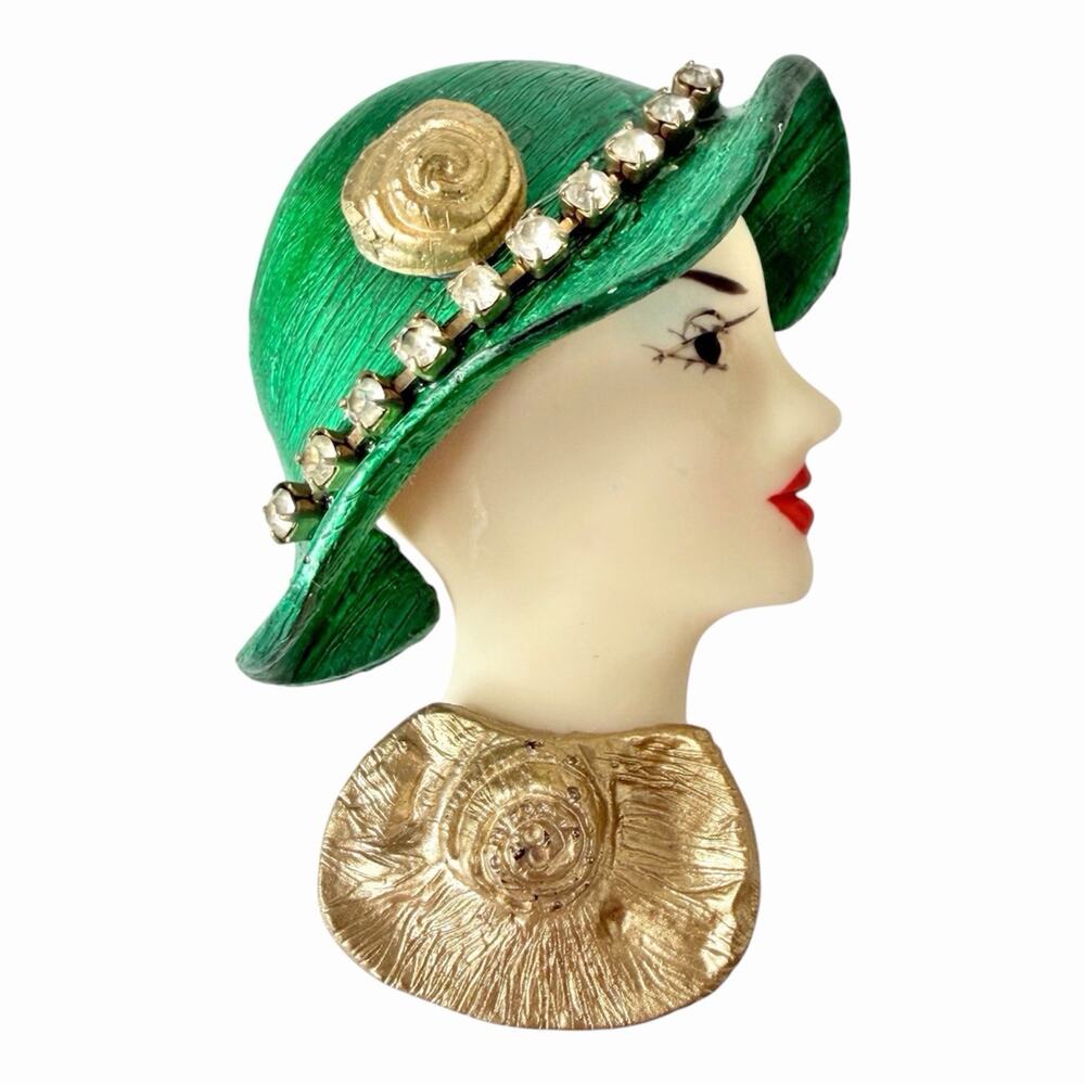 Lady Head Pin Porcelain Look Resin Rhinstone Green Hat Gild Profile Woman